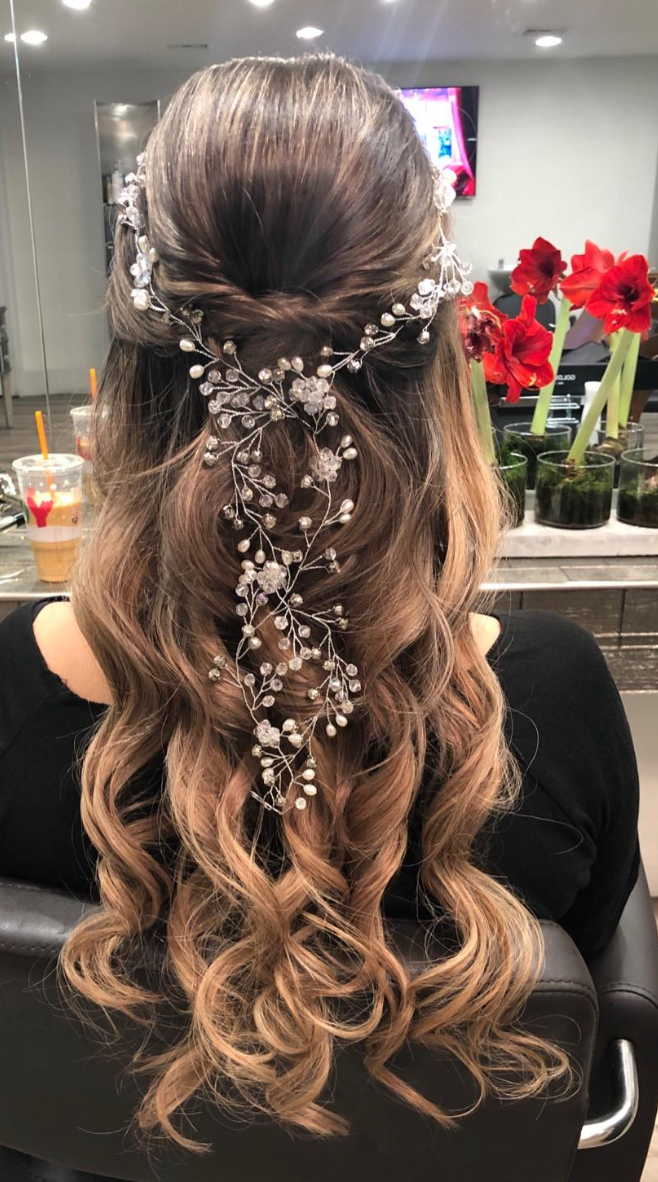 Tocado perlas y brillos largo - Ramona Floristería 💐