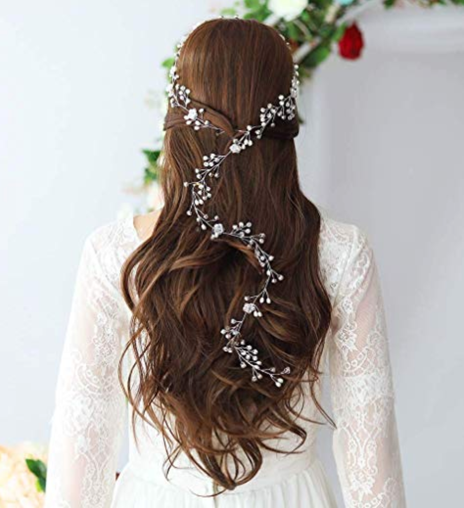 Tocado perlas y brillos largo - Ramona Floristería 💐
