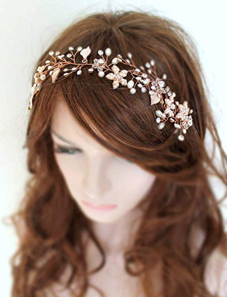 Tocado oro rosa con brillos y perlas - Ramona Floristería 💐