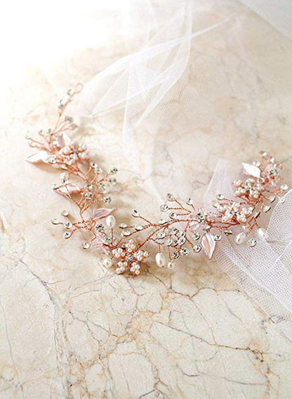 Tocado oro rosa con brillos y perlas